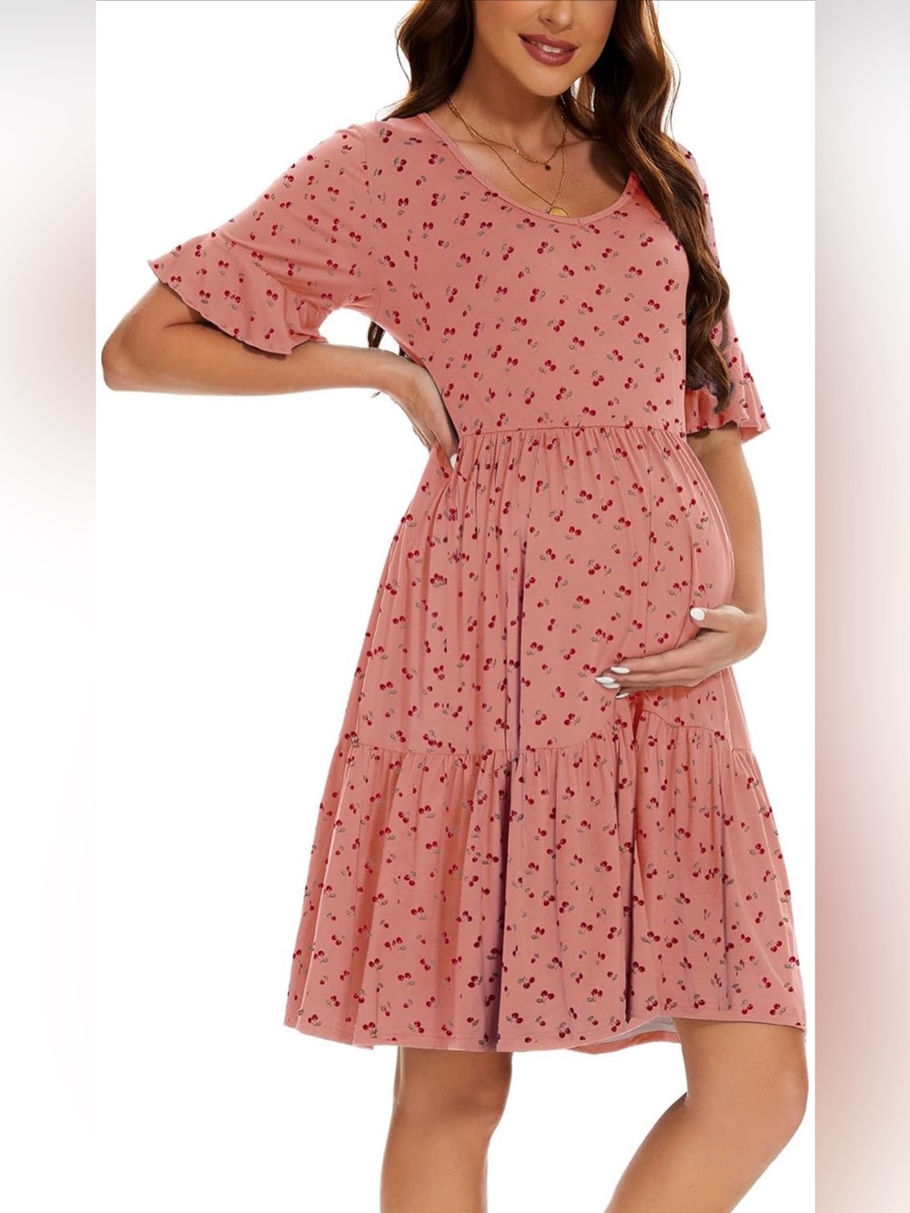 Smallshow Tiered Pink Cherry-Print Midi Maternity Dress